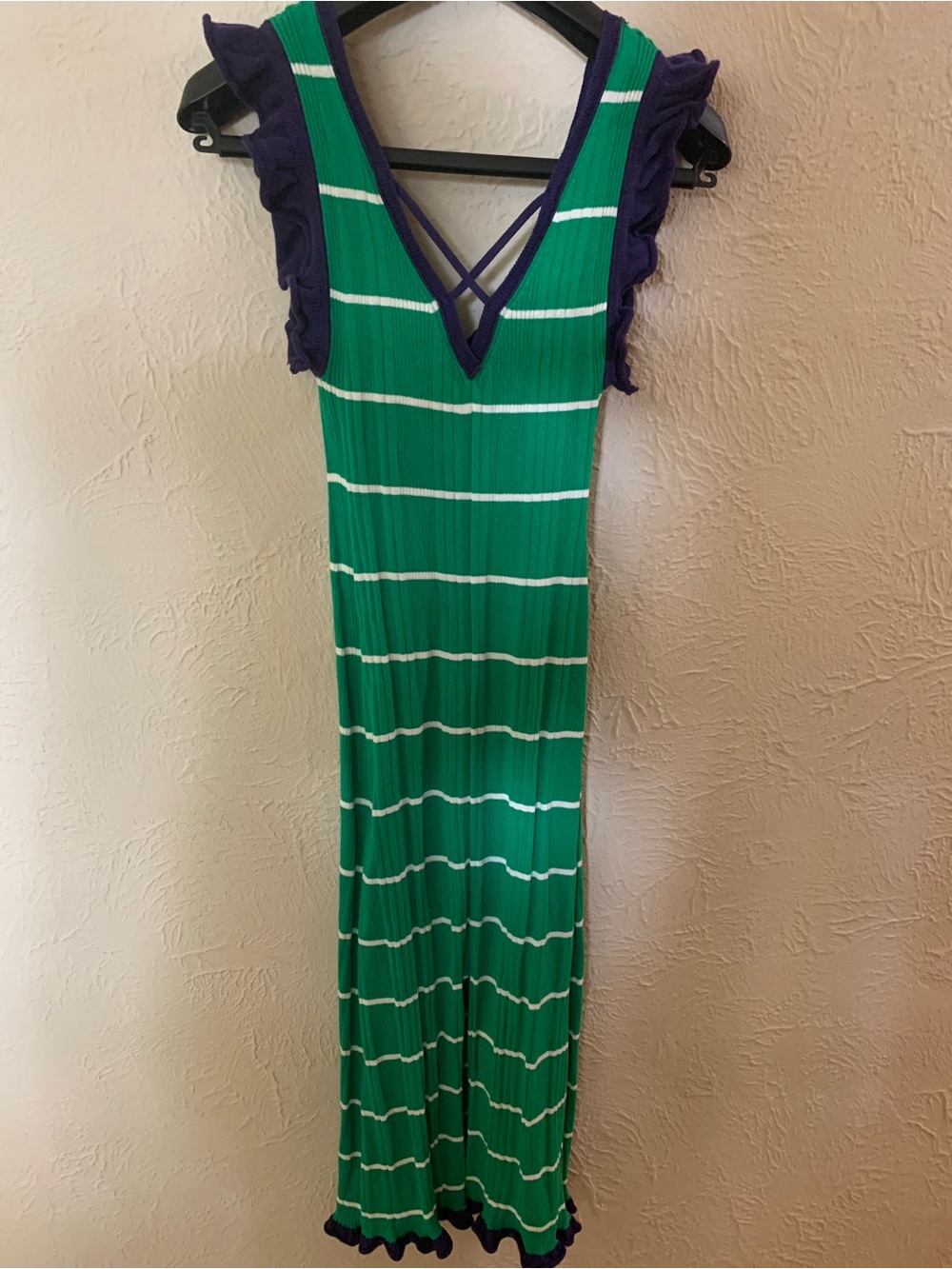 Green Striped V-Neck Midi Dress with Navy Trim